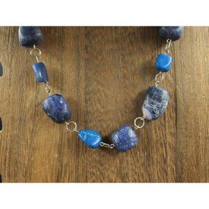 14" Silver Tone Chunky Sodalite Stone Necklace Vintage Costume Jewelry Beautiful
